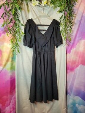 Vintage Black Midi Dress V-Back & Puff Sleeves, Union Made